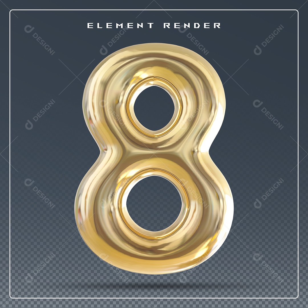 Elemento 3D Número 8 Dourado para Composição PSD