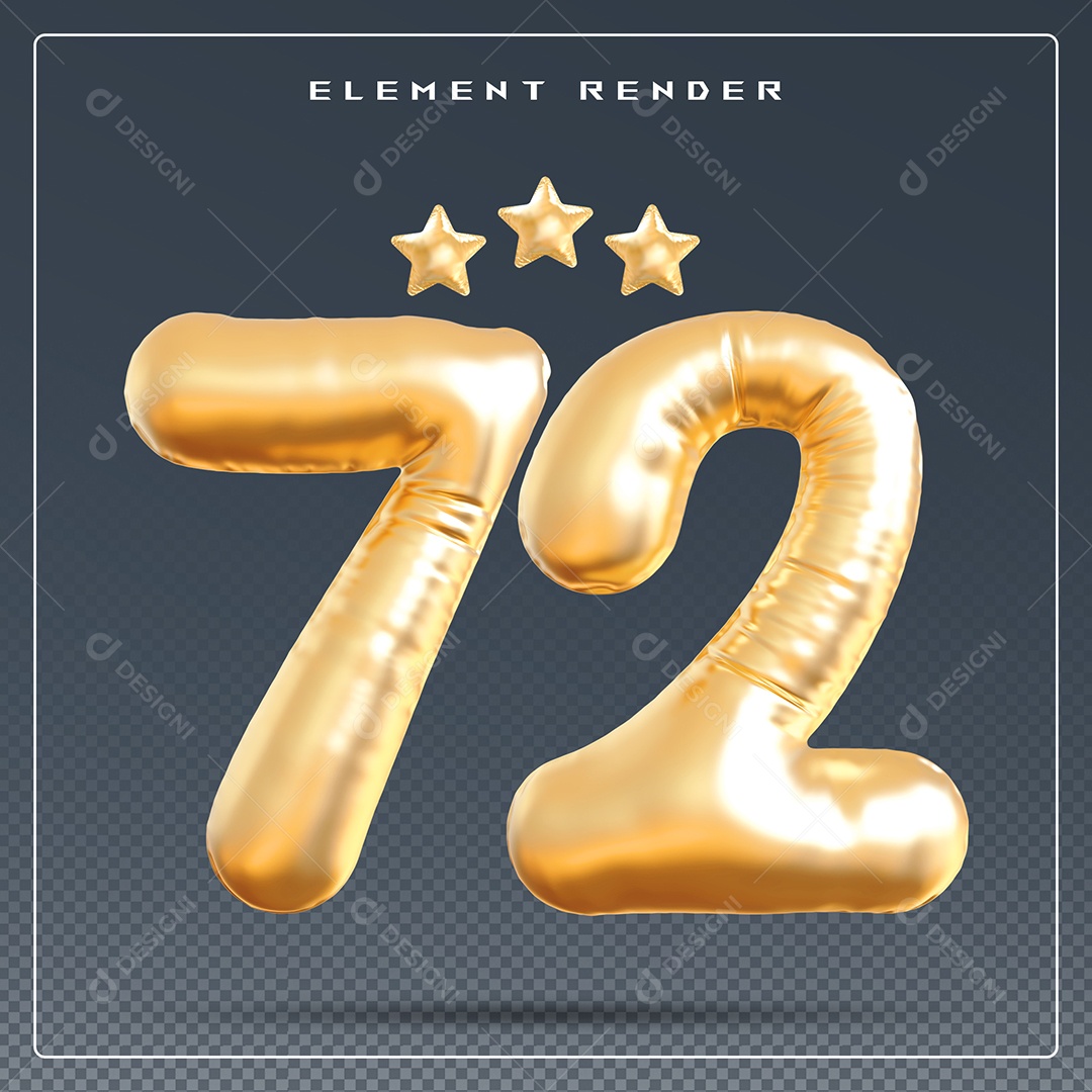 Elemento 3D Número 72 Dourado para Composição PSD