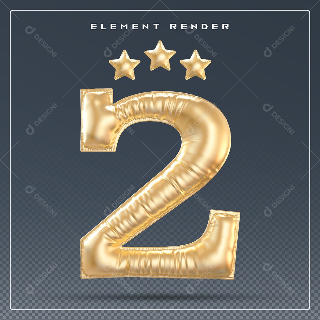 Elemento 3D Número 2 Dourado para Composição PSD