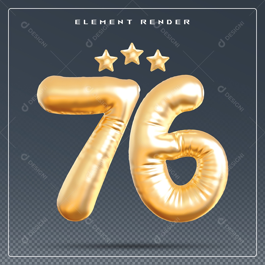 Elemento 3D Número 76 Dourado para Composição PSD