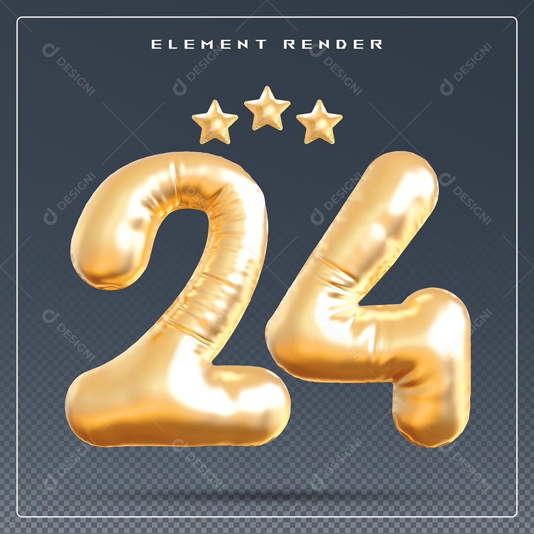 Elemento 3D Número 24 Dourado para Composição PSD