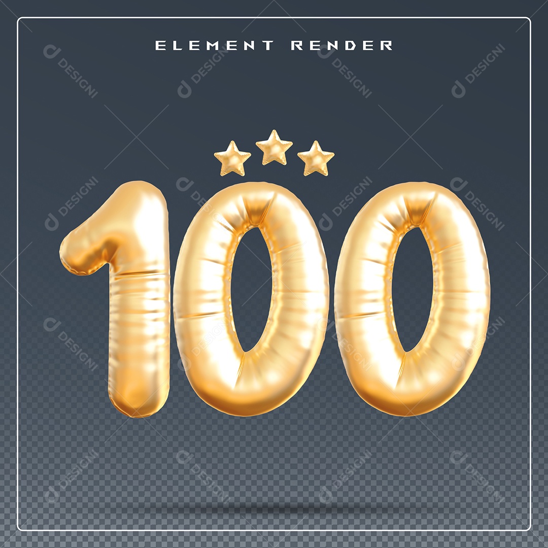 Elemento 3D Número 100 Dourado para Composição PSD