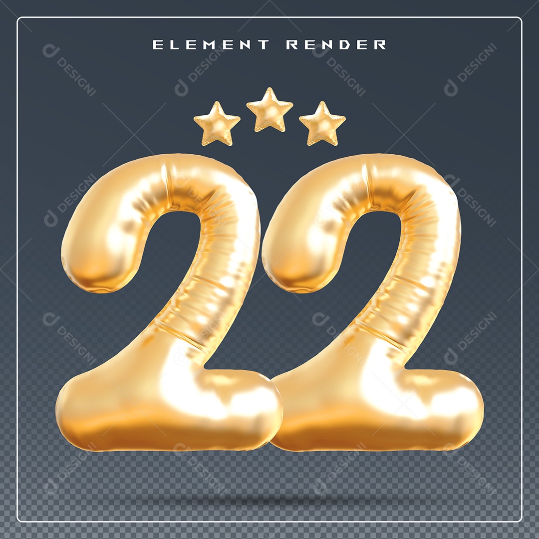Elemento 3D Número 22 Dourado para Composição PSD