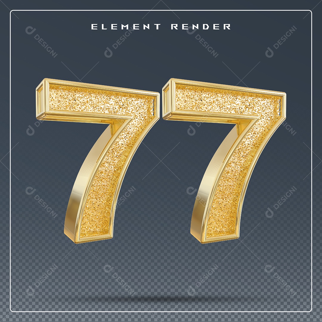 Elemento 3D Número 77 Dourado para Composição PSD