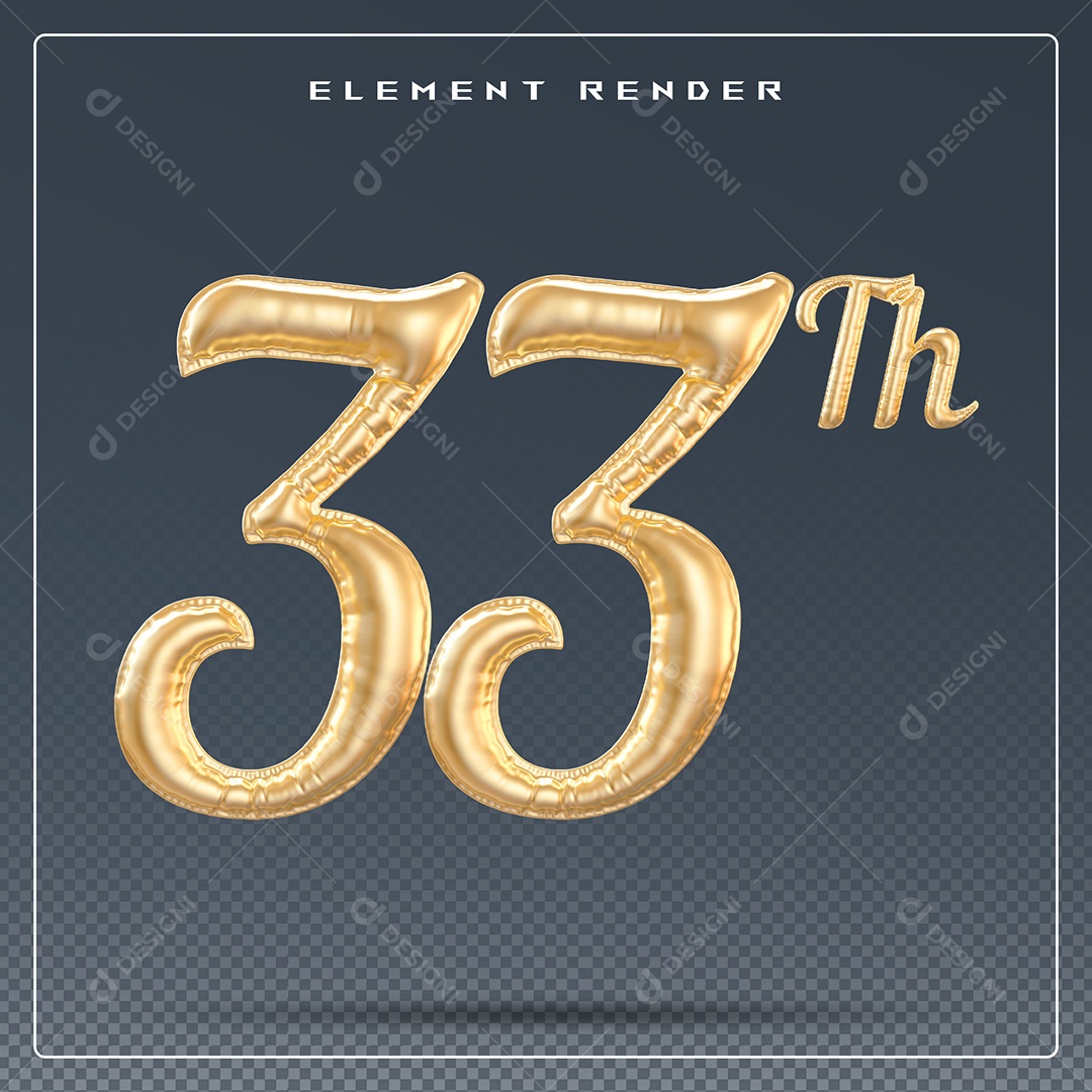 Elemento 3D Número 33 Th Dourado para Composição PSD