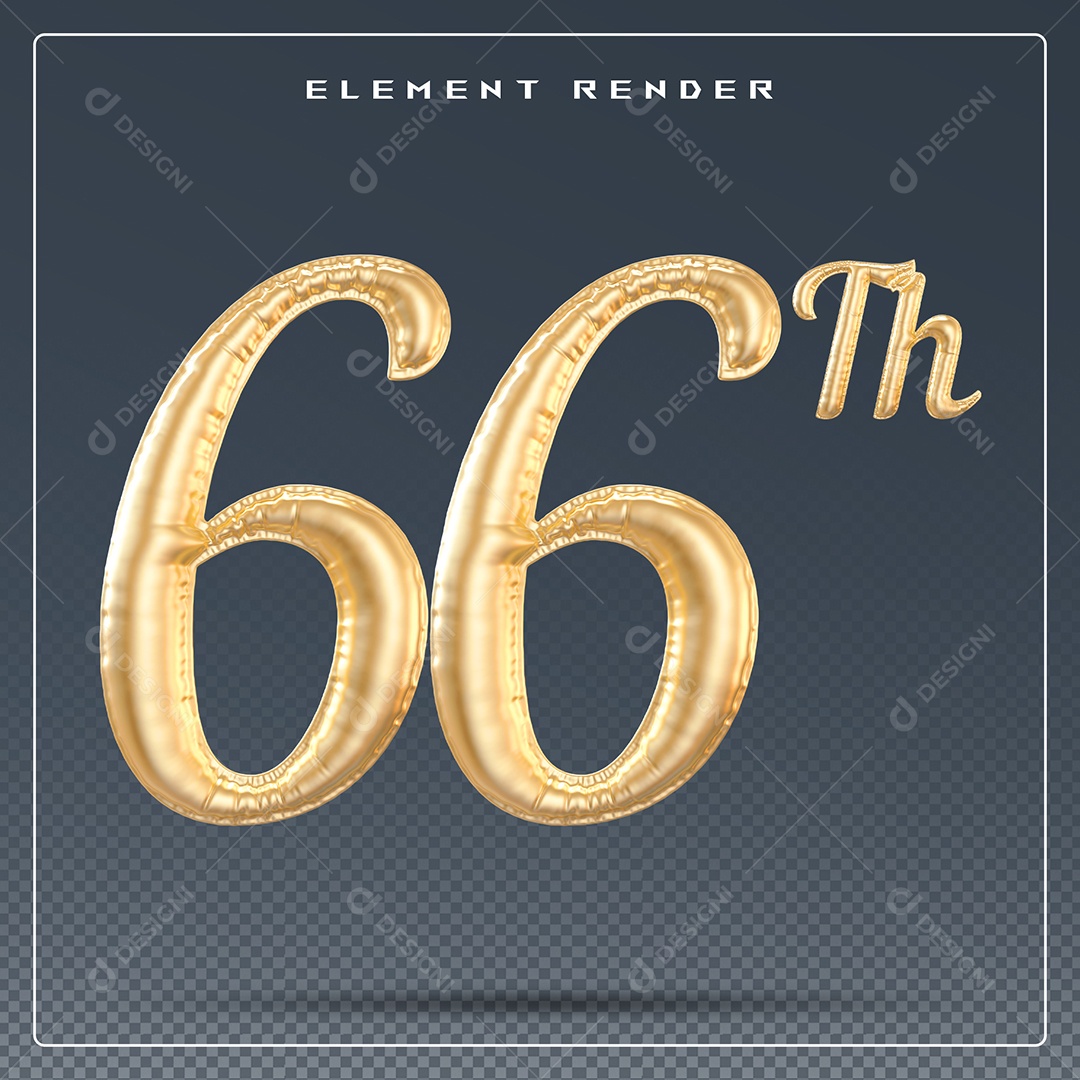 Elemento 3D Número 66 Th Dourado para Composição PSD