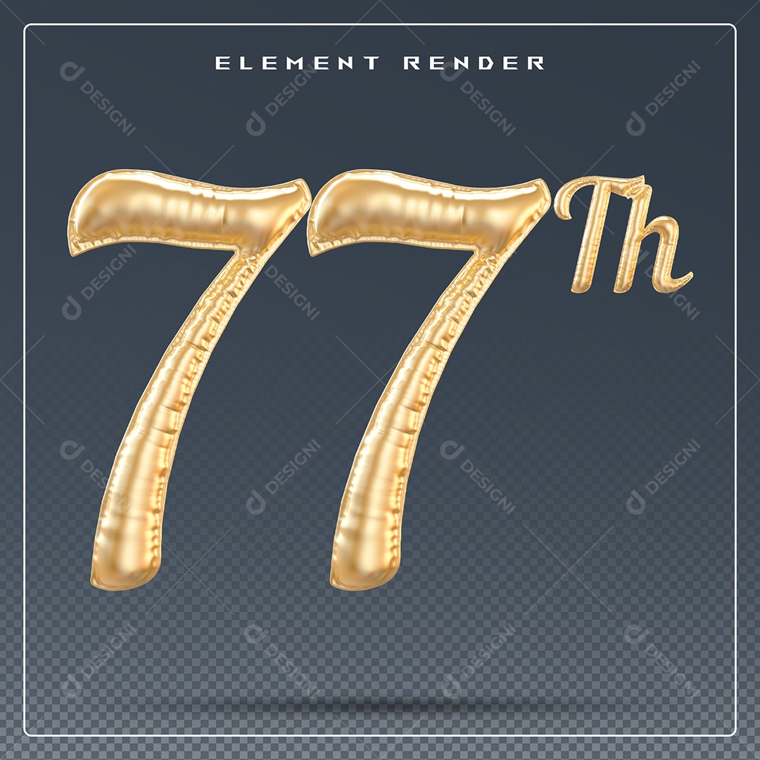 Elemento 3D Número 77 Th Dourado para Composição PSD