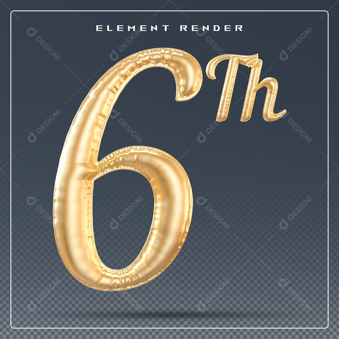 Elemento 3D Número 6 Th Dourado para Composição PSD