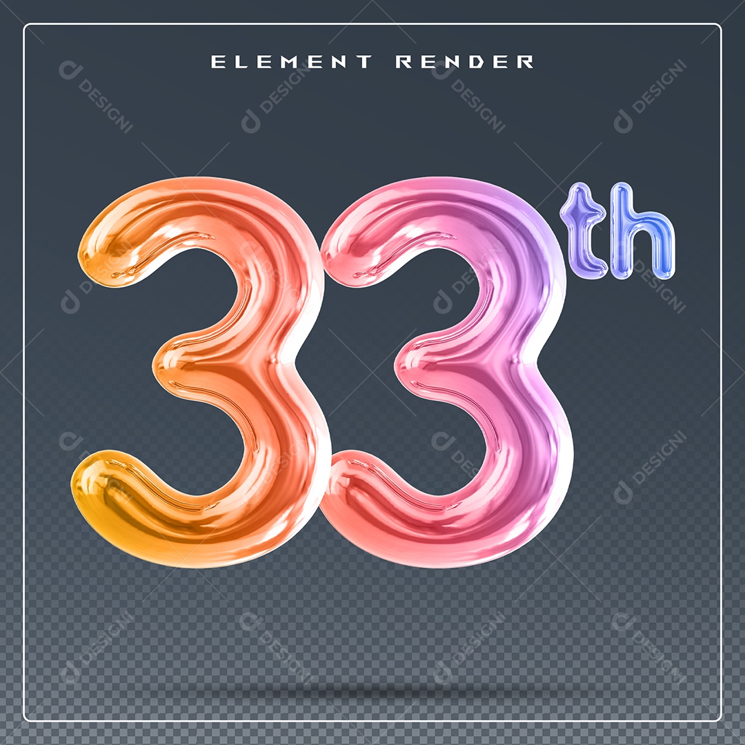 Elemento 3D Número 33 Th Colorido para Composição PSD