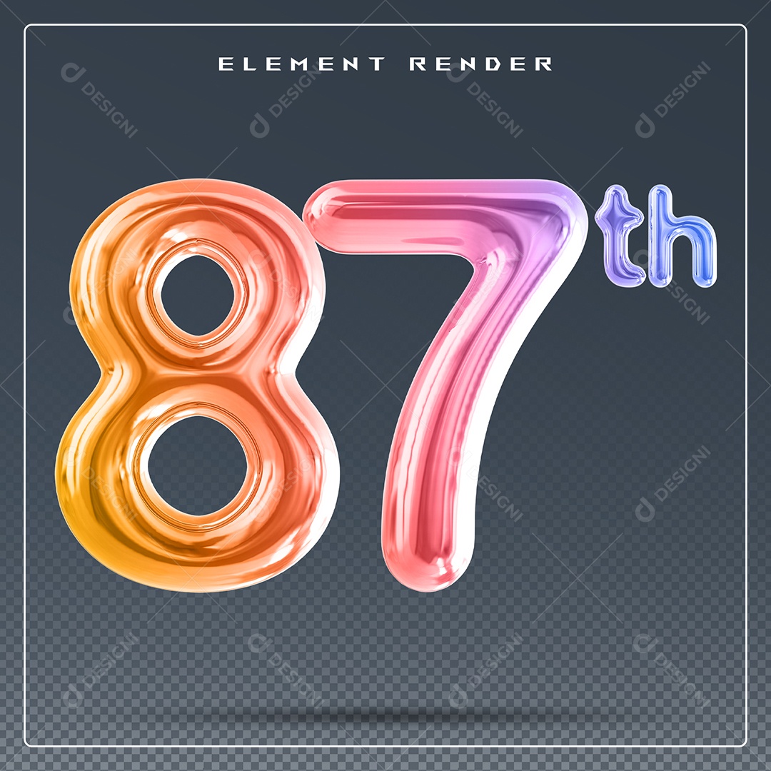 Elemento 3D Número 87 Th Colorido para Composição PSD