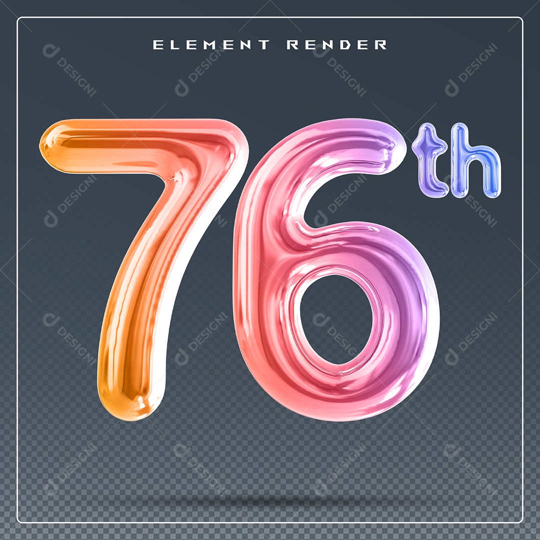 Elemento 3D Número 76 Th Colorido para Composição PSD
