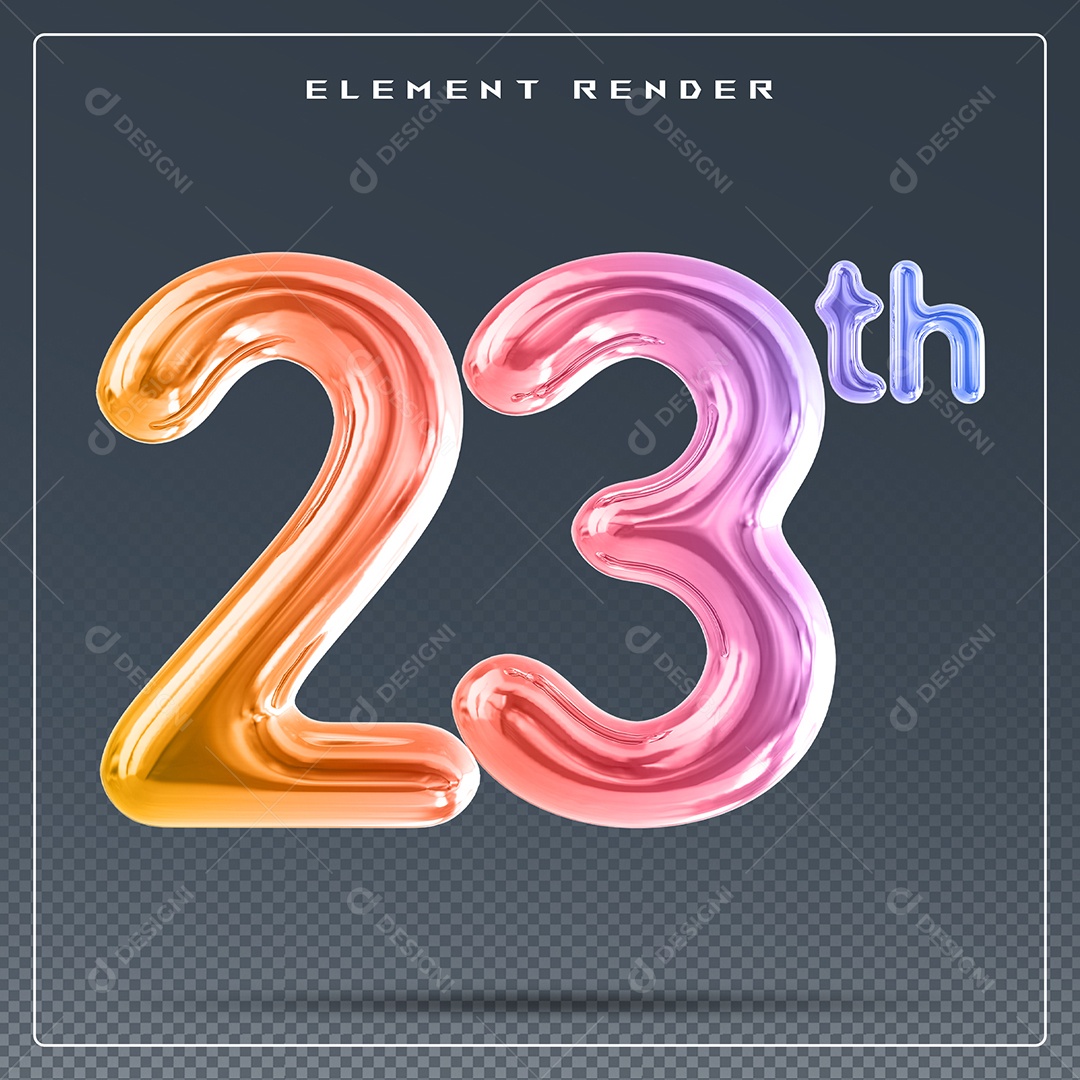 Elemento 3D Número 23 Th Colorido para Composição PSD