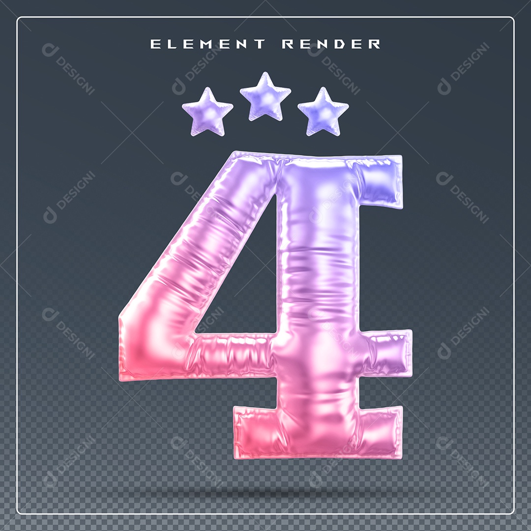 Elemento 3D Número 4 Colorido para Composição PSD