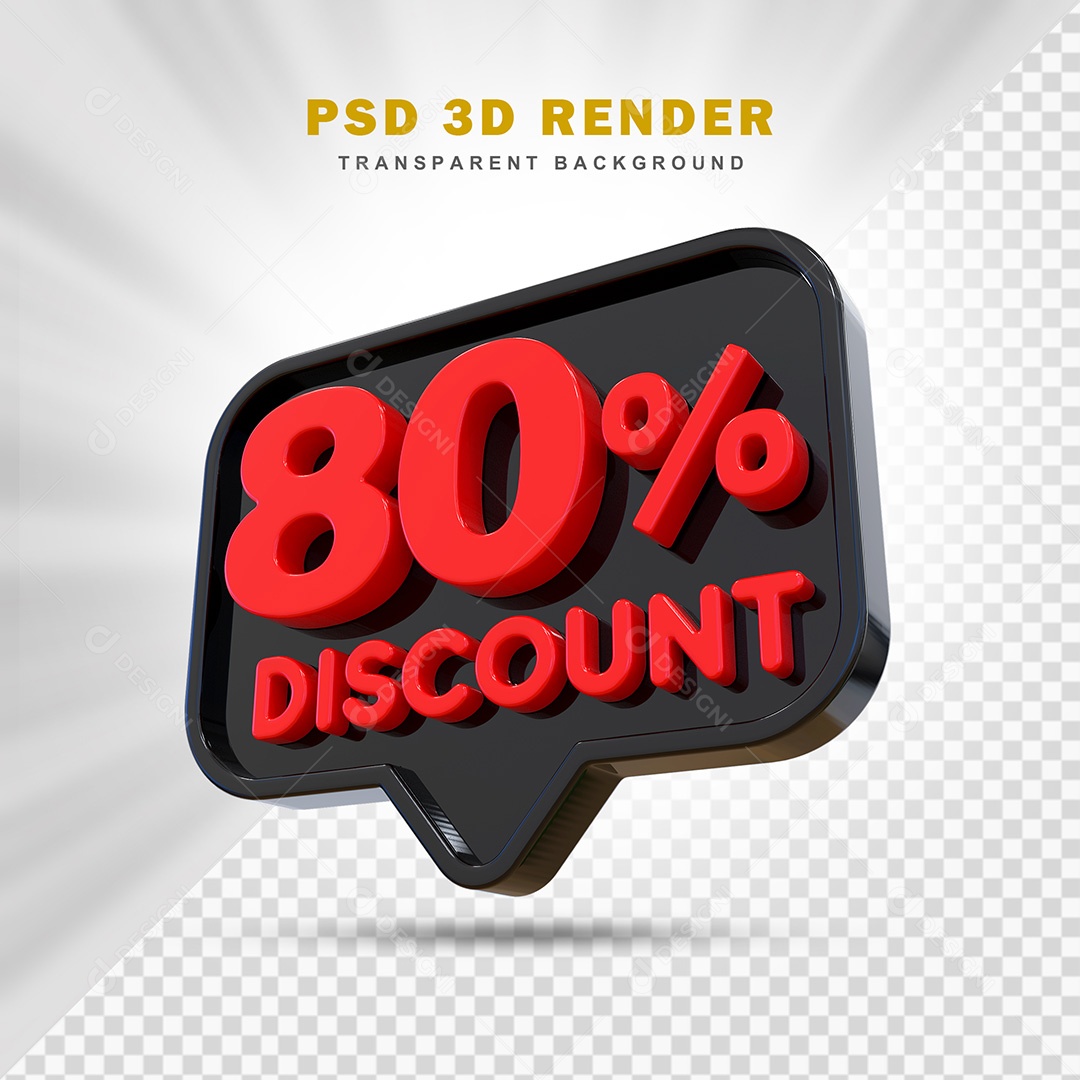 Elemento 3D 80% de Desconto Preto e Vermelho Para Composição PSD