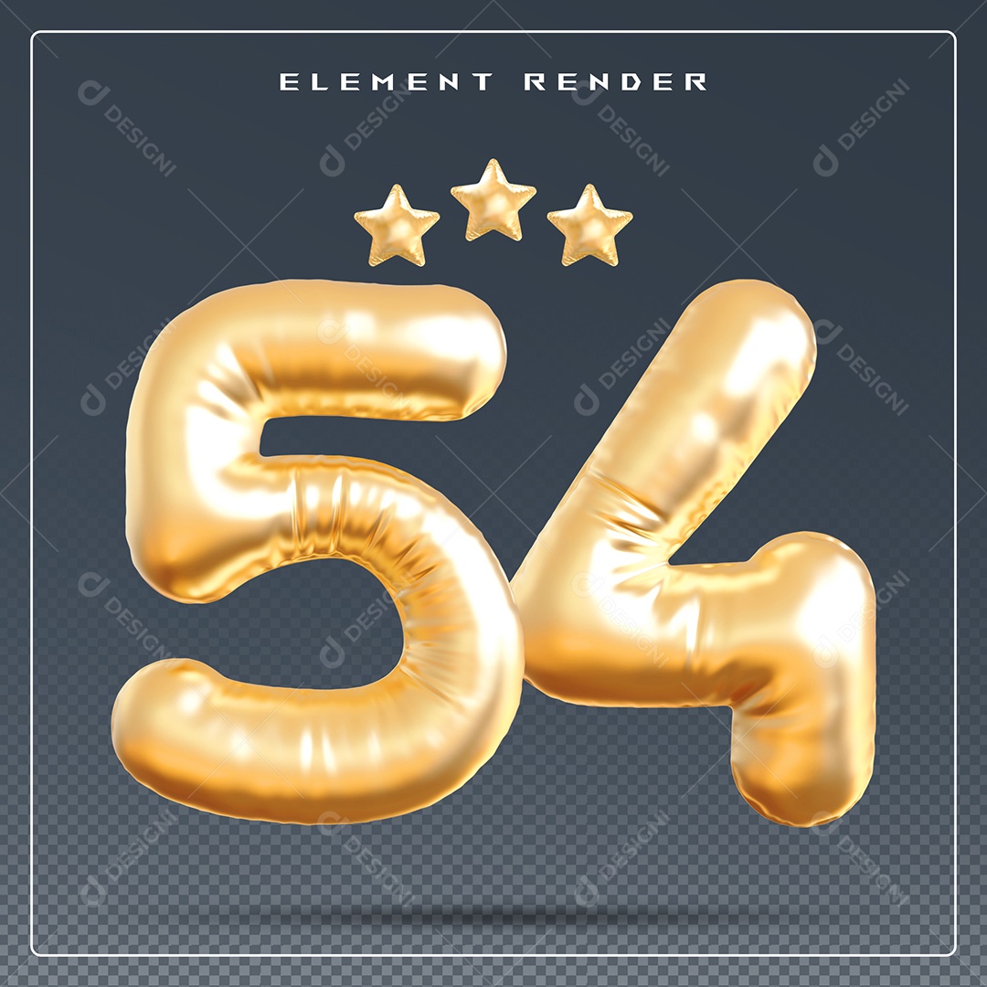 Elemento 3D Número 54 Dourado para Composição PSD