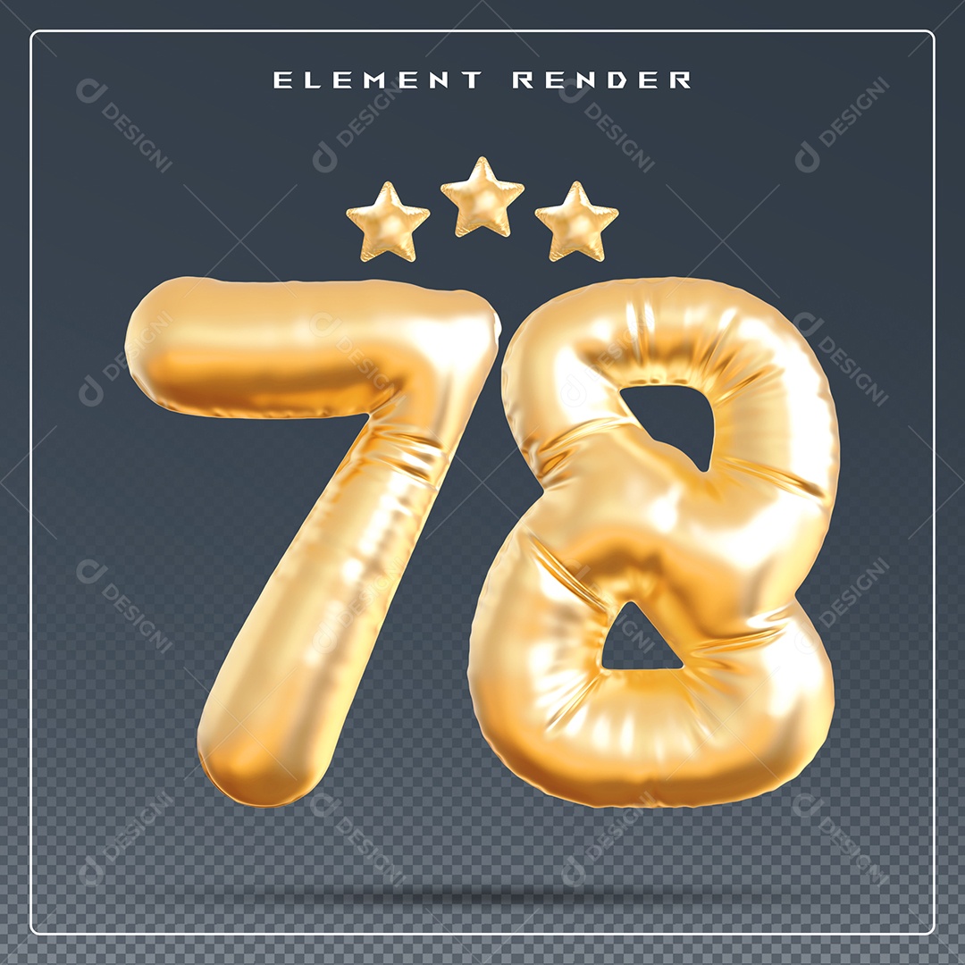 Elemento 3D Número 78 Dourado para Composição PSD