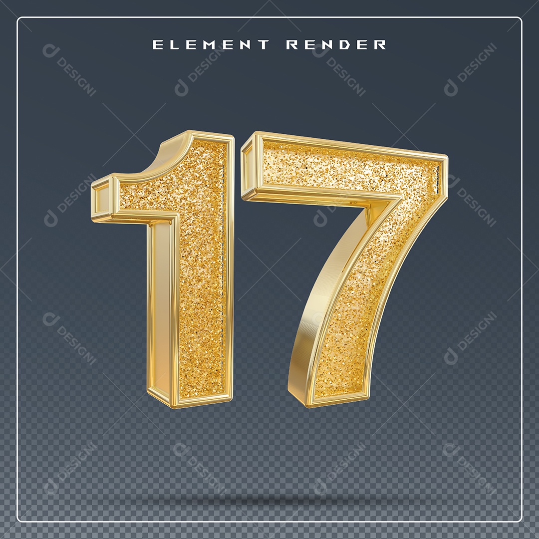 Elemento 3D Número 17 Dourado para Composição PSD