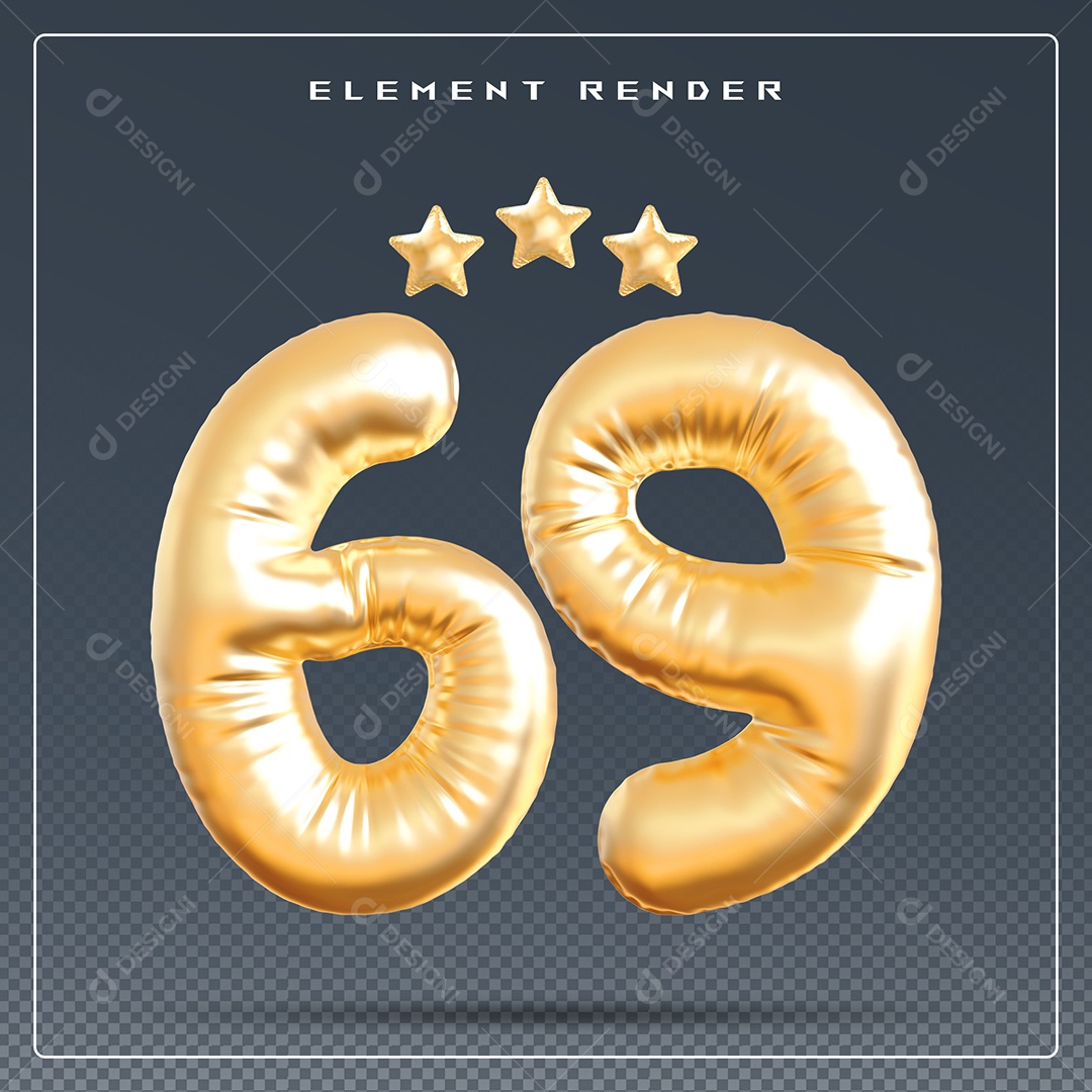 Elemento 3D Número 69 Dourado para Composição PSD