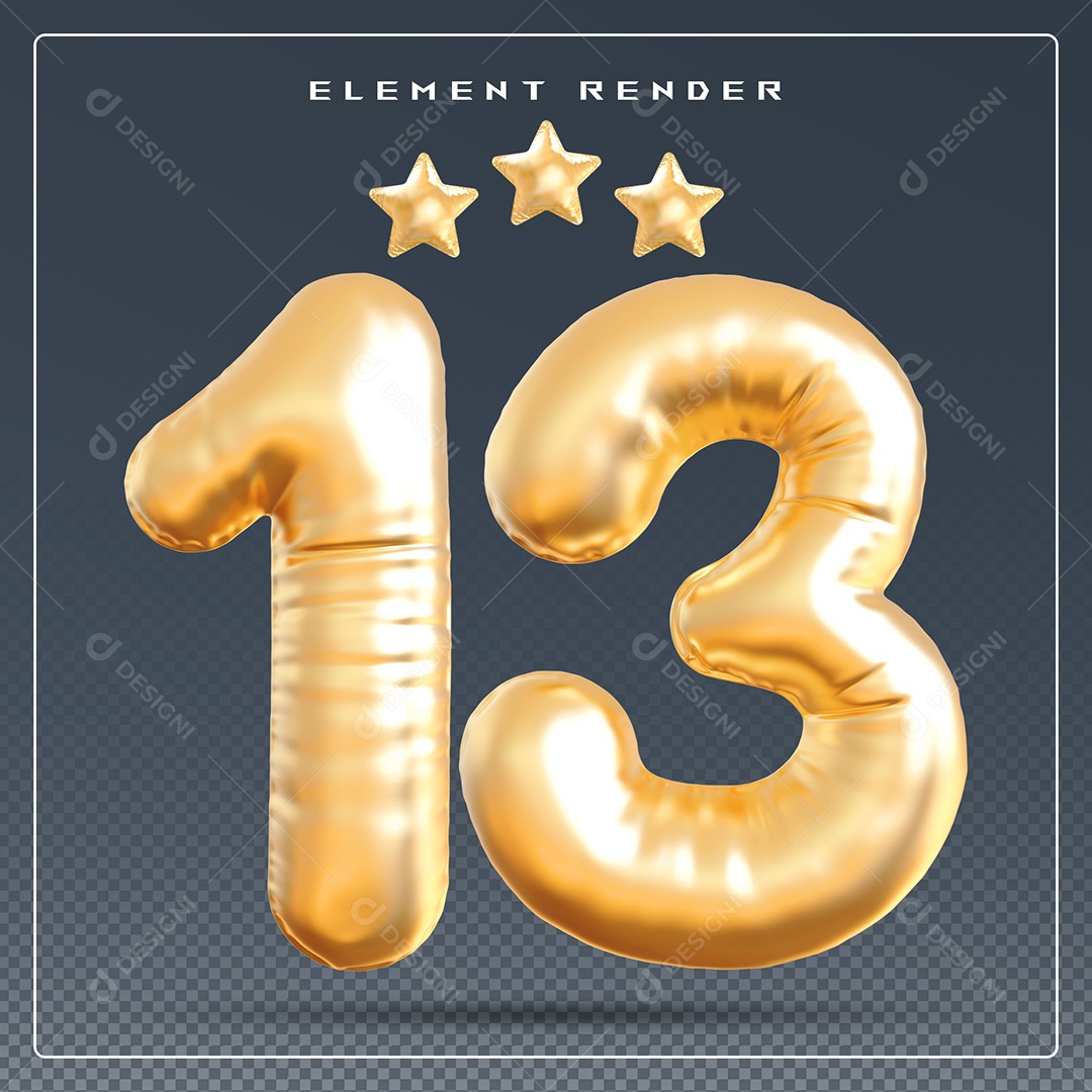 Elemento 3D Número 13 Dourado para Composição PSD