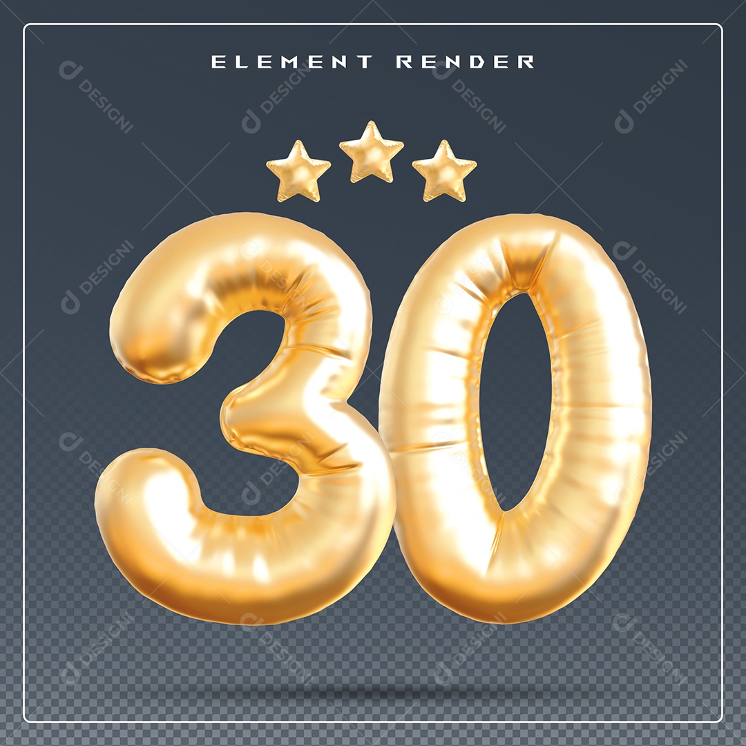 Elemento 3D Número 30 Dourado para Composição PSD