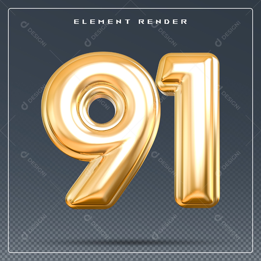 Elemento 3D Número 91 Dourado para Composição PSD