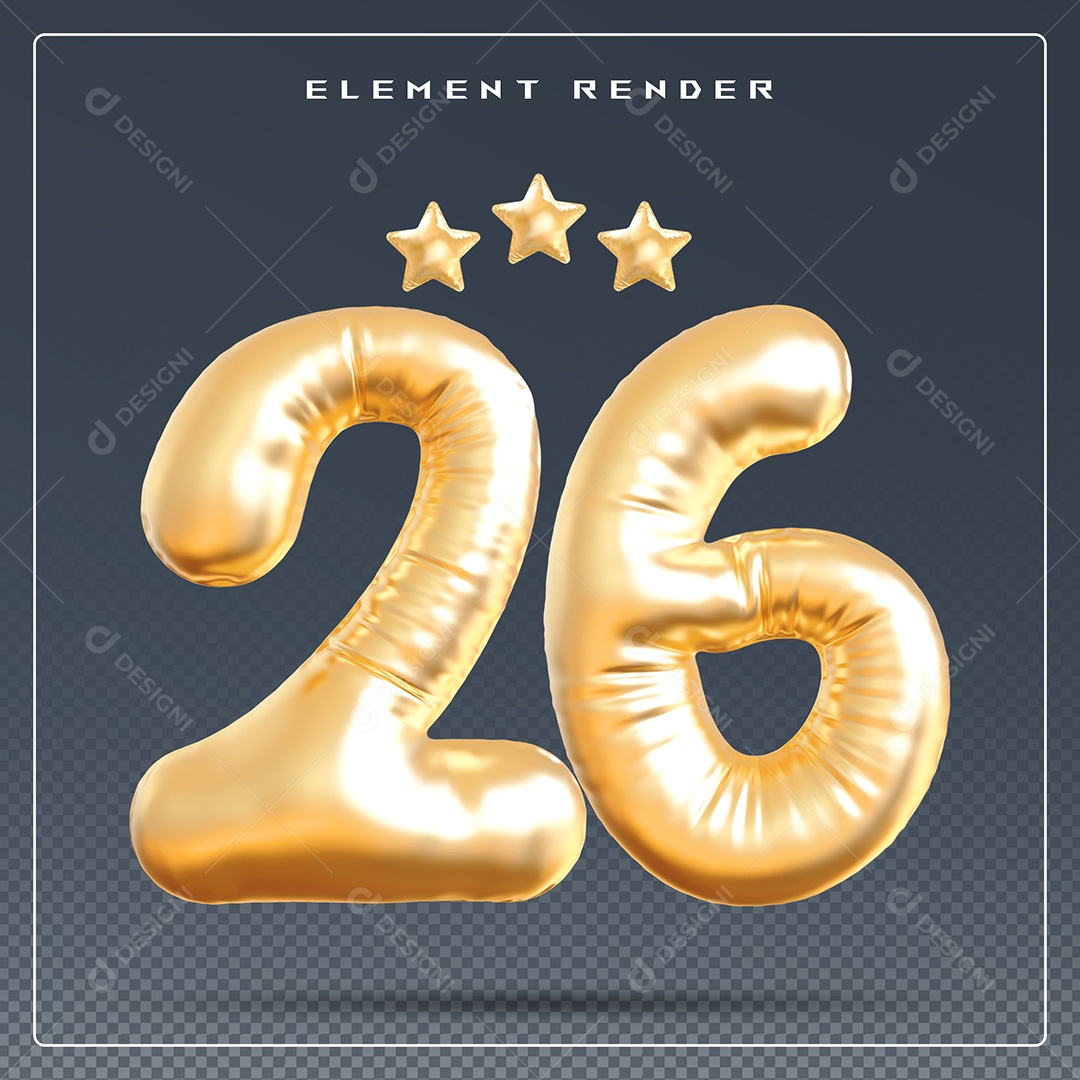 Elemento 3D Número 26 Dourado para Composição PSD