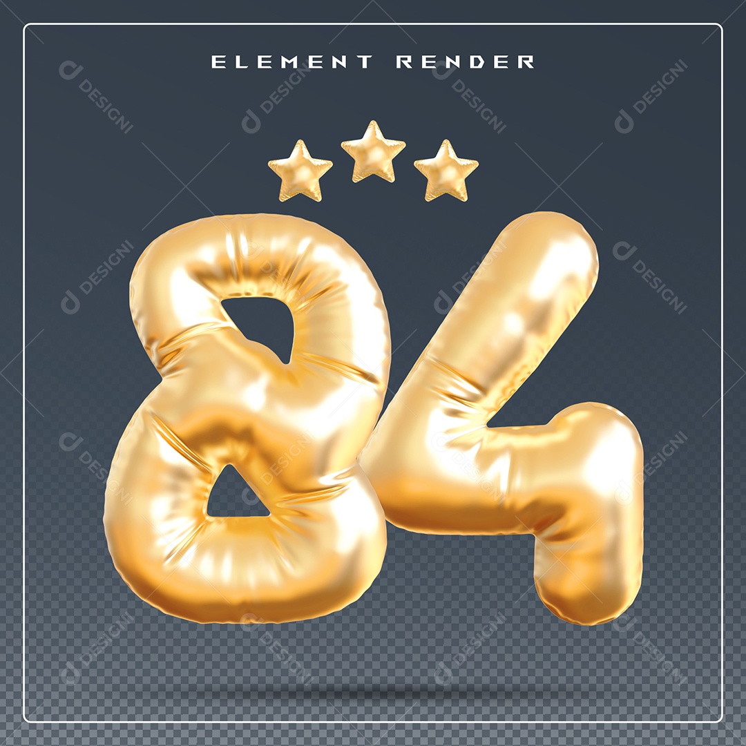 Elemento 3D Número 84 Dourado para Composição PSD