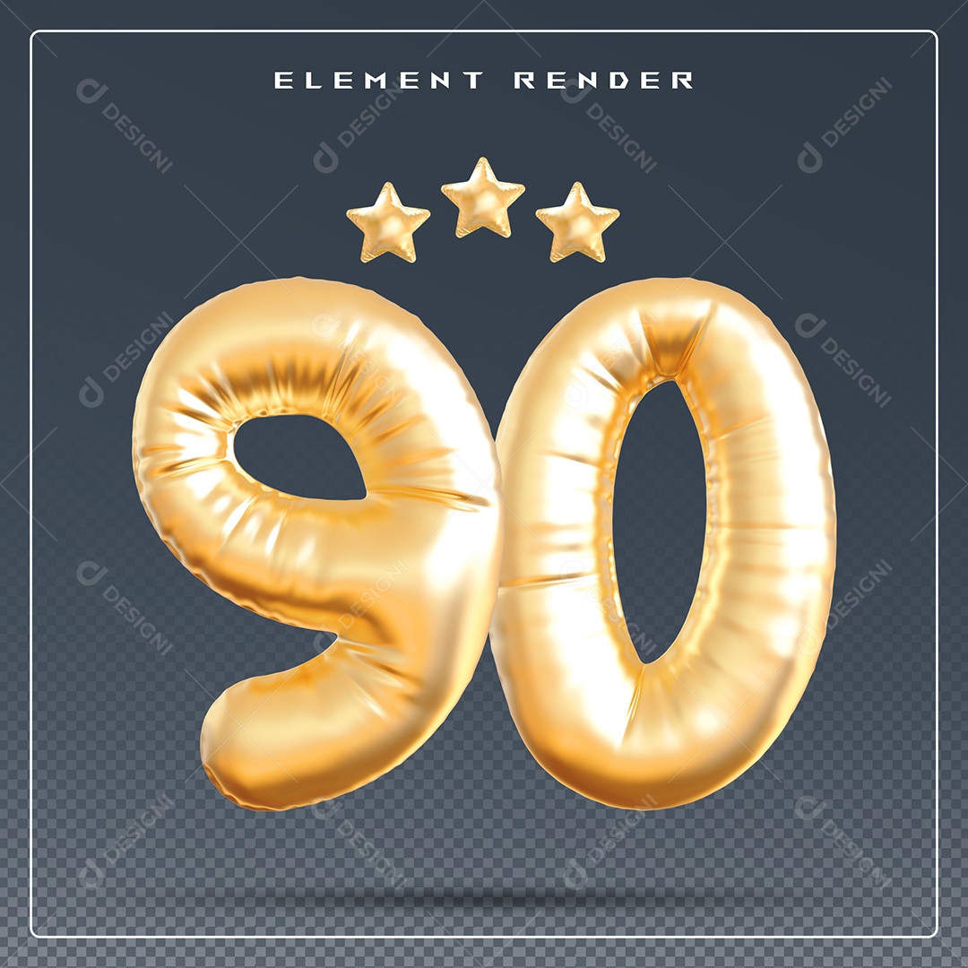 Elemento 3D Número 90 Dourado para Composição PSD