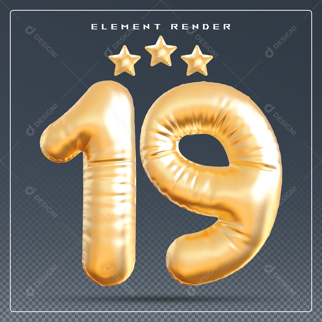 Elemento 3D Número 19 Dourado para Composição PSD