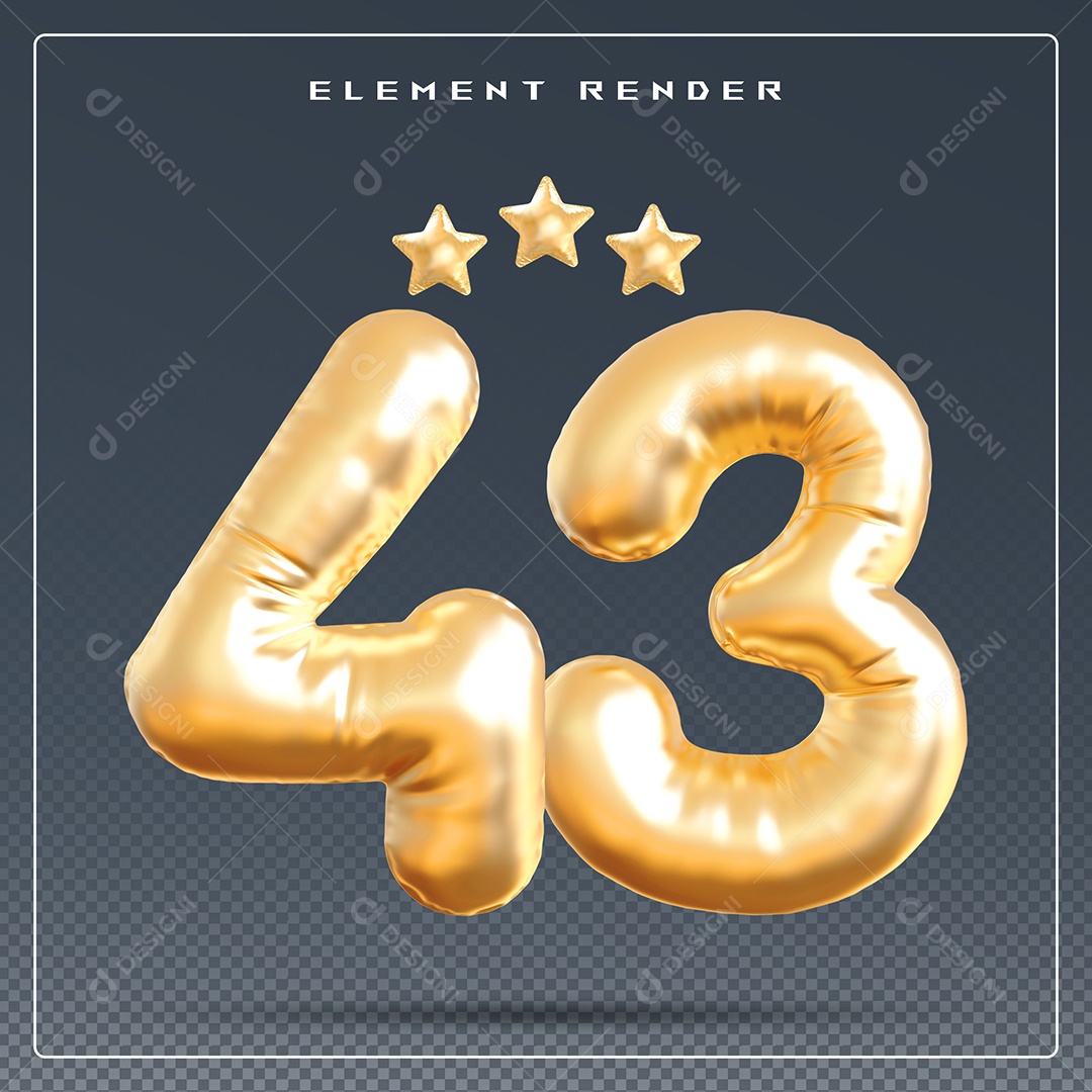 Elemento 3D Número 43 Dourado para Composição PSD