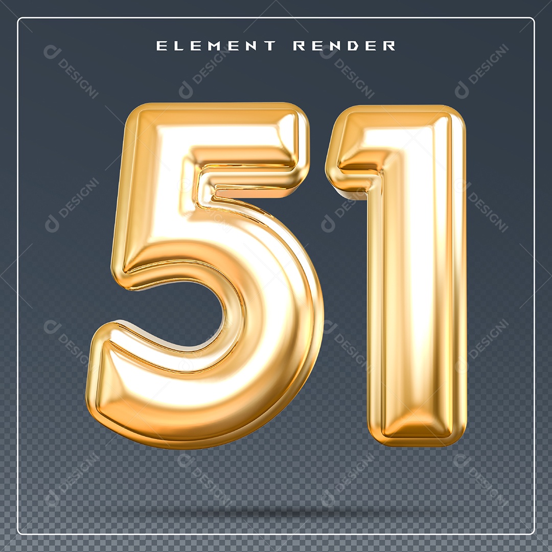 Elemento 3D Número 51 Dourado para Composição PSD