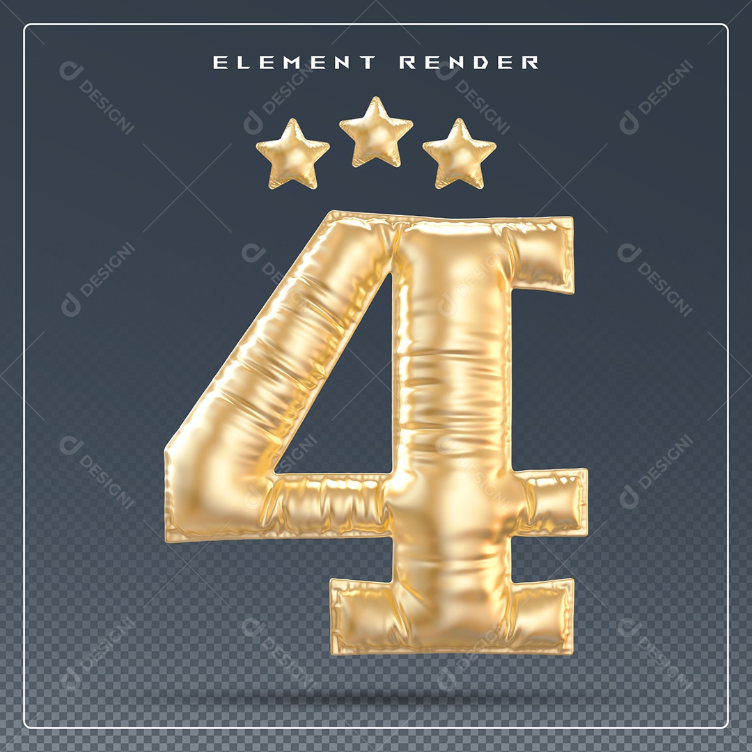 Elemento 3D Número 4 Dourado para Composição PSD