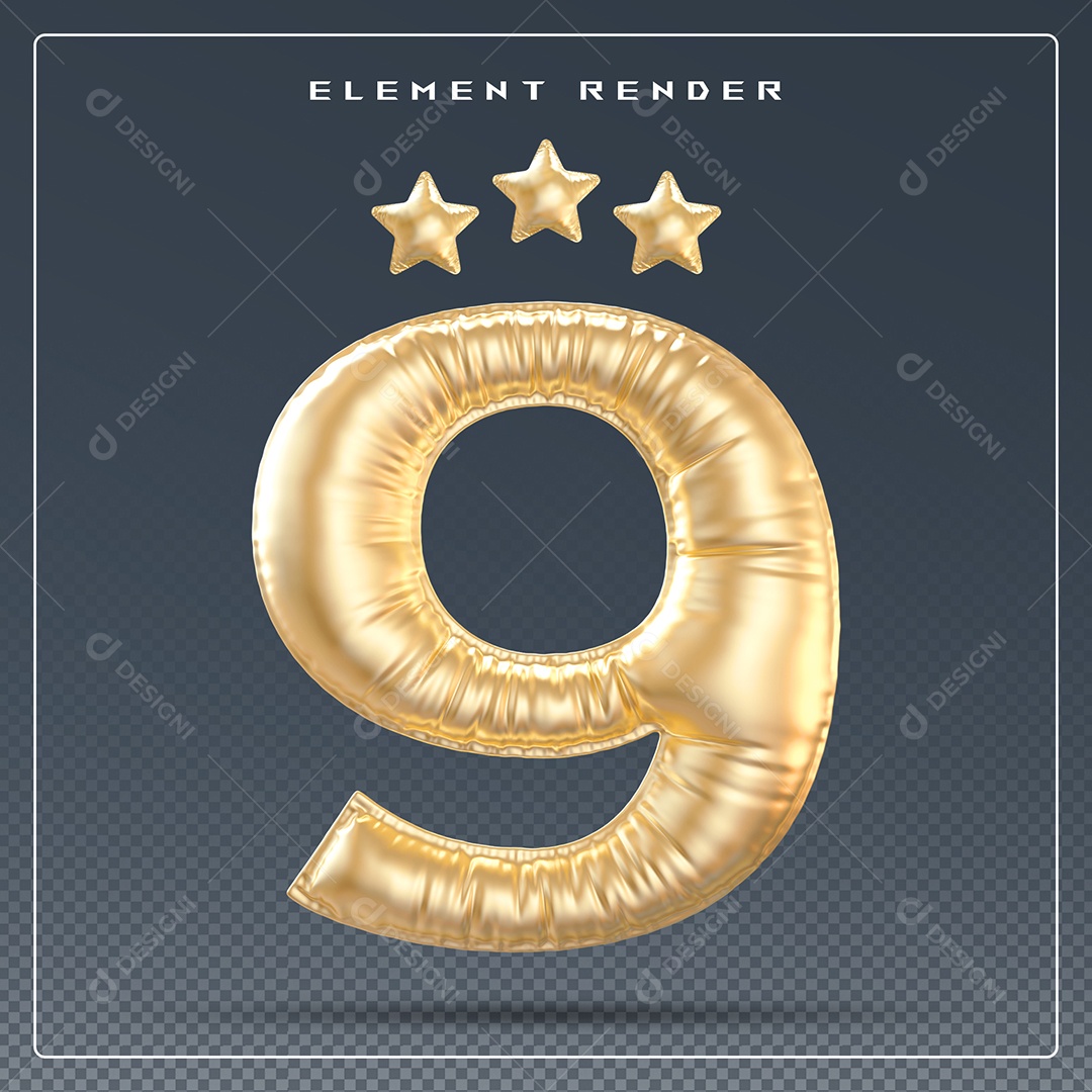 Elemento 3D Número 9 Dourado para Composição PSD