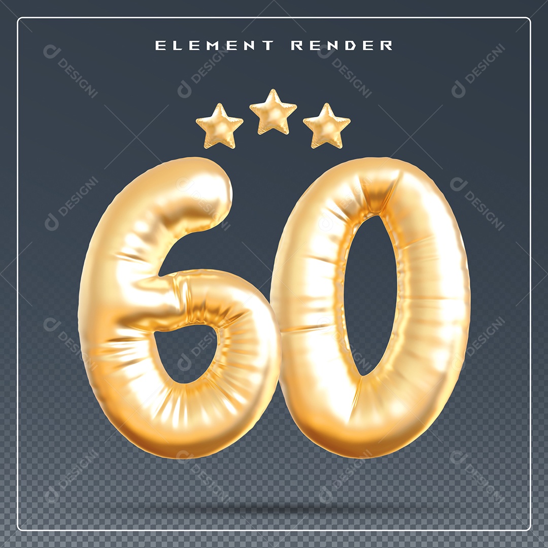 Elemento 3D Número 60 Dourado para Composição PSD