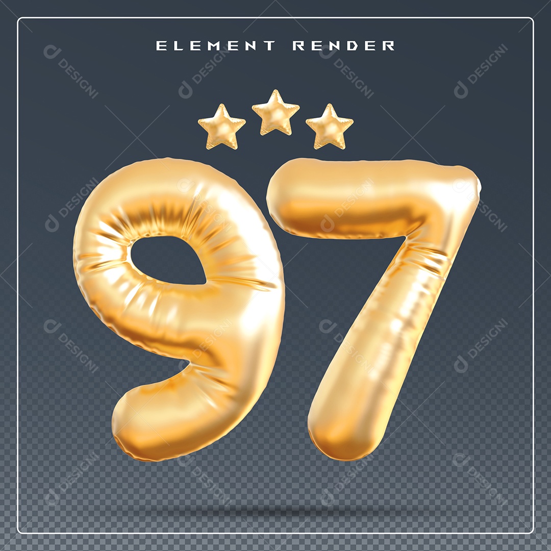 Elemento 3D Número 97 Dourado para Composição PSD
