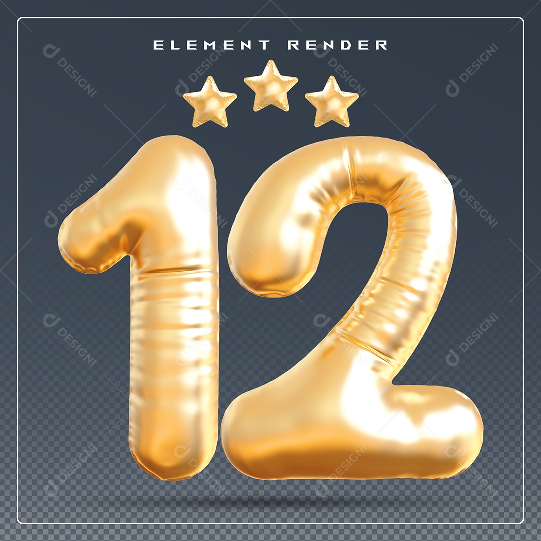 Elemento 3D Número 12 Dourado para Composição PSD