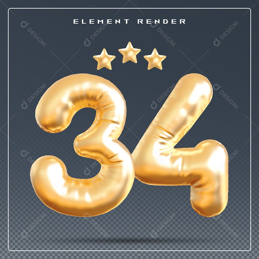 Elemento 3D Número 34 Dourado para Composição PSD