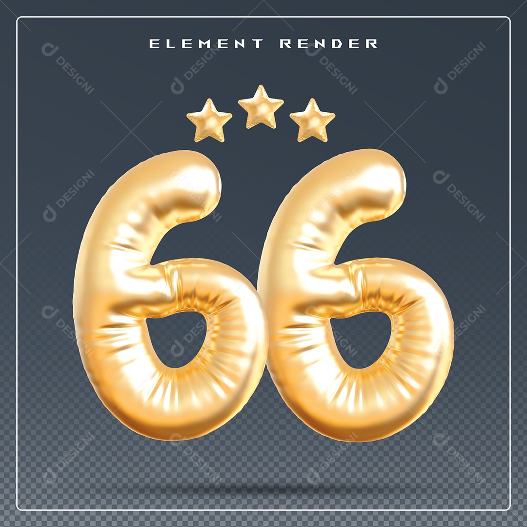 Elemento 3D Número 66 Dourado para Composição PSD