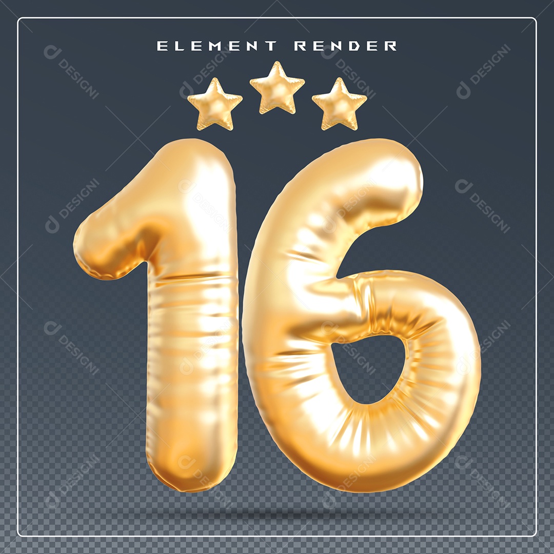 Elemento 3D Número 16 Dourado para Composição PSD