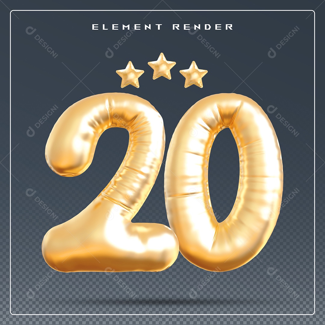 Elemento 3D Número 20 Dourado para Composição PSD