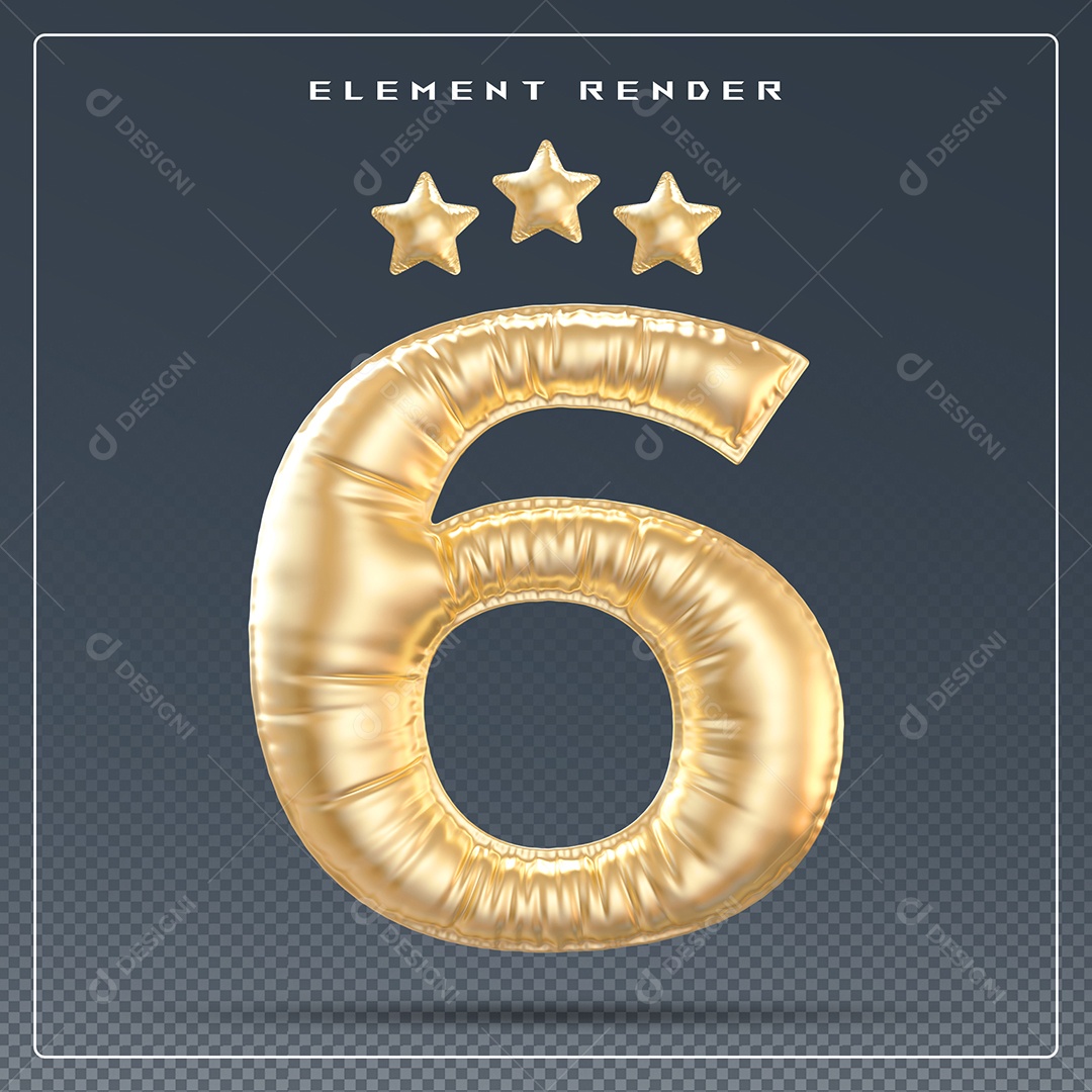 Elemento 3D Número 6 Dourado para Composição PSD