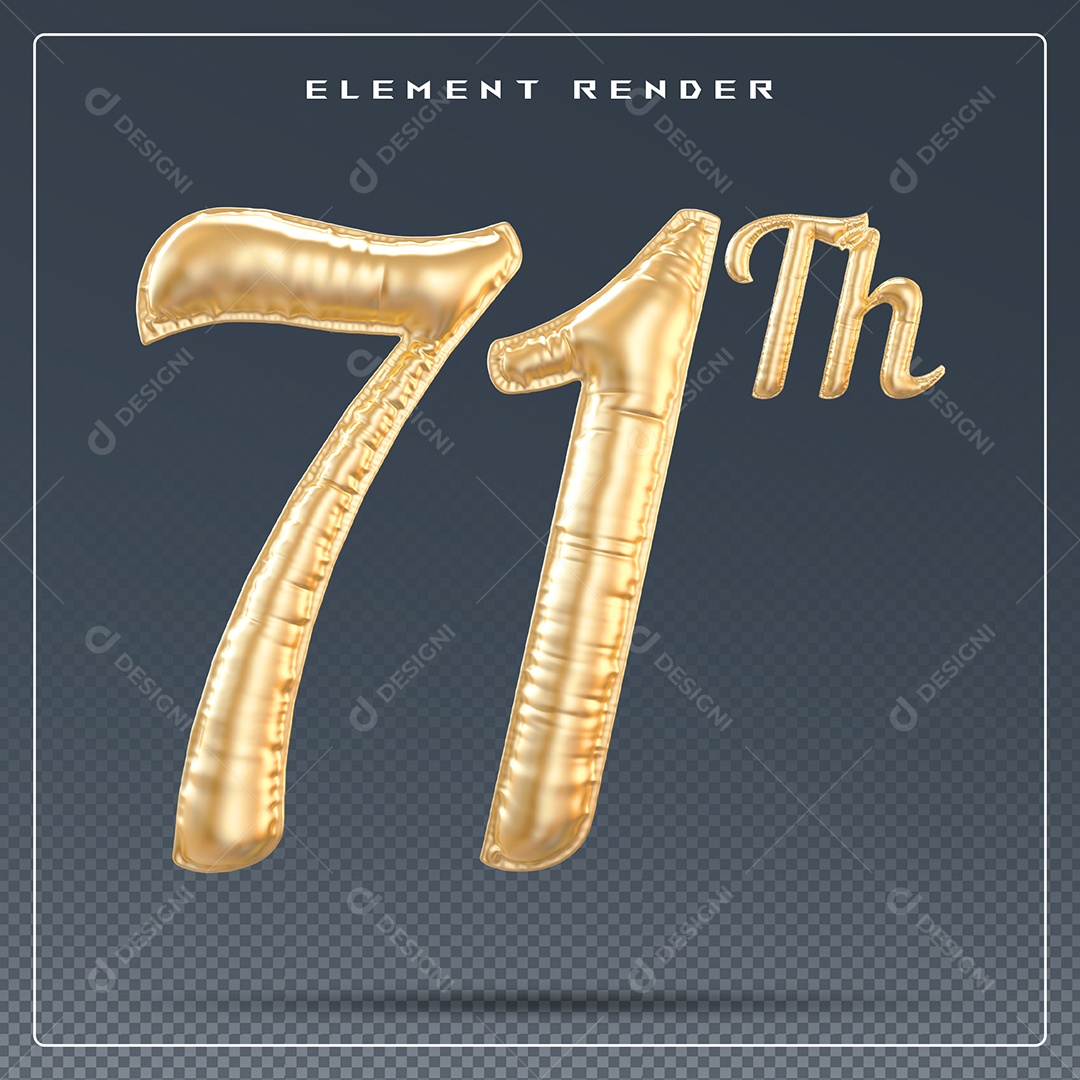 Elemento 3D Número 71 Th  Dourado para Composição PSD
