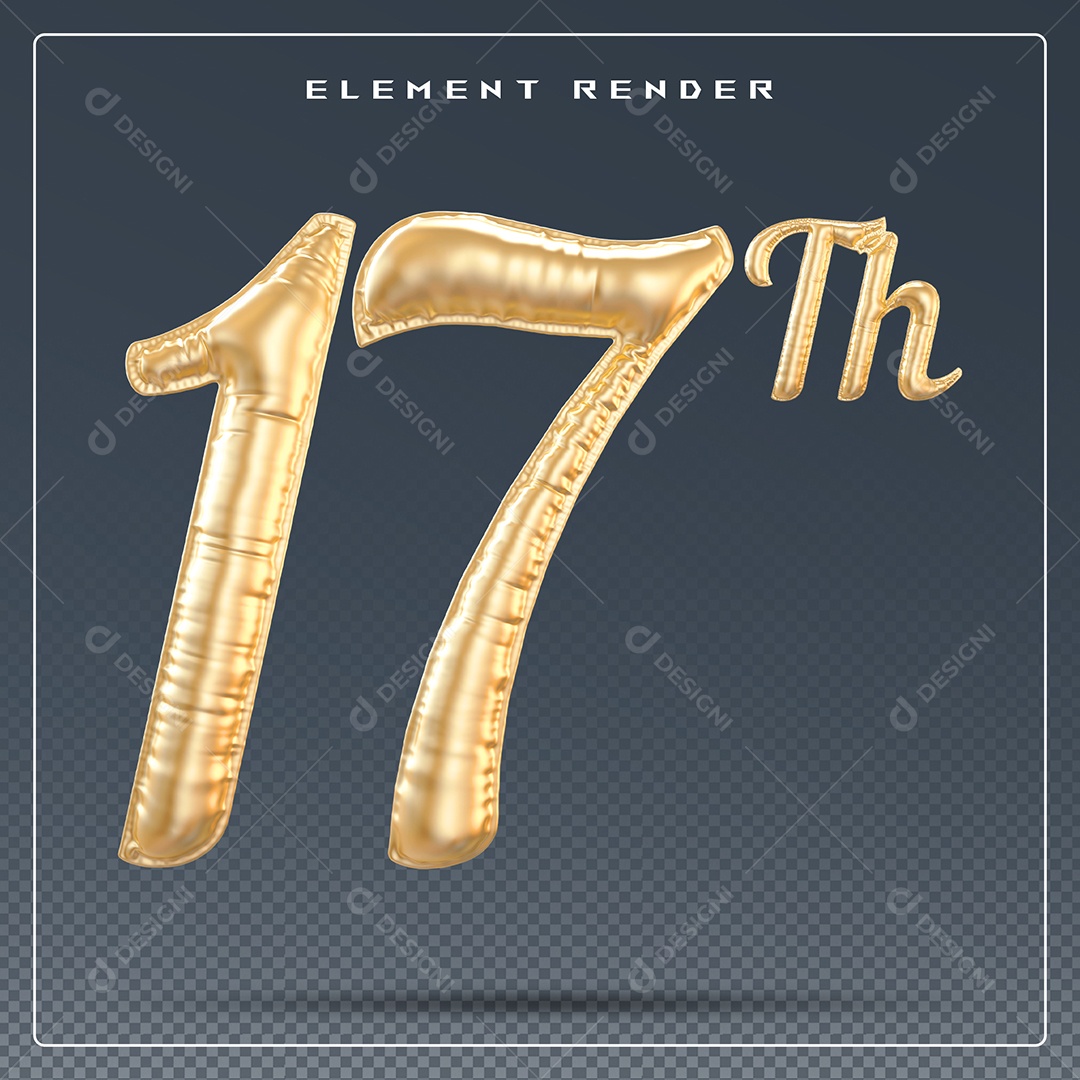 Elemento 3D Número 17 Th  Dourado para Composição PSD