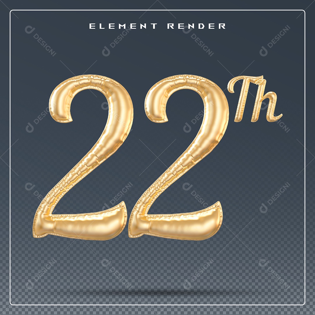 Elemento 3D Número 22 Th  Dourado para Composição PSD