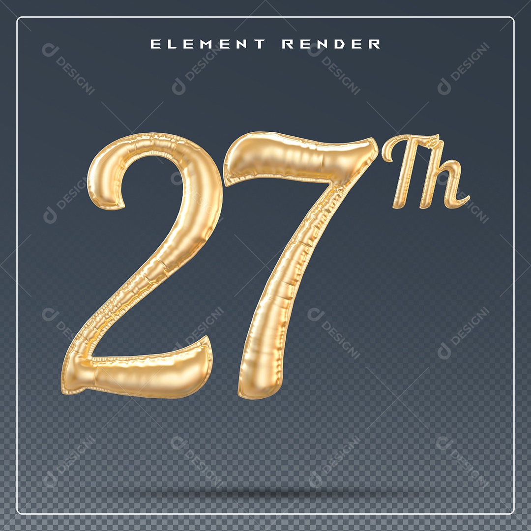 Elemento 3D Número 27 Th  Dourado para Composição PSD