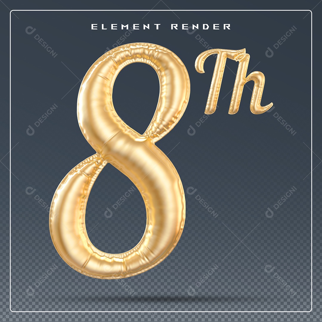 Elemento 3D Número 8 Th  Dourado para Composição PSD