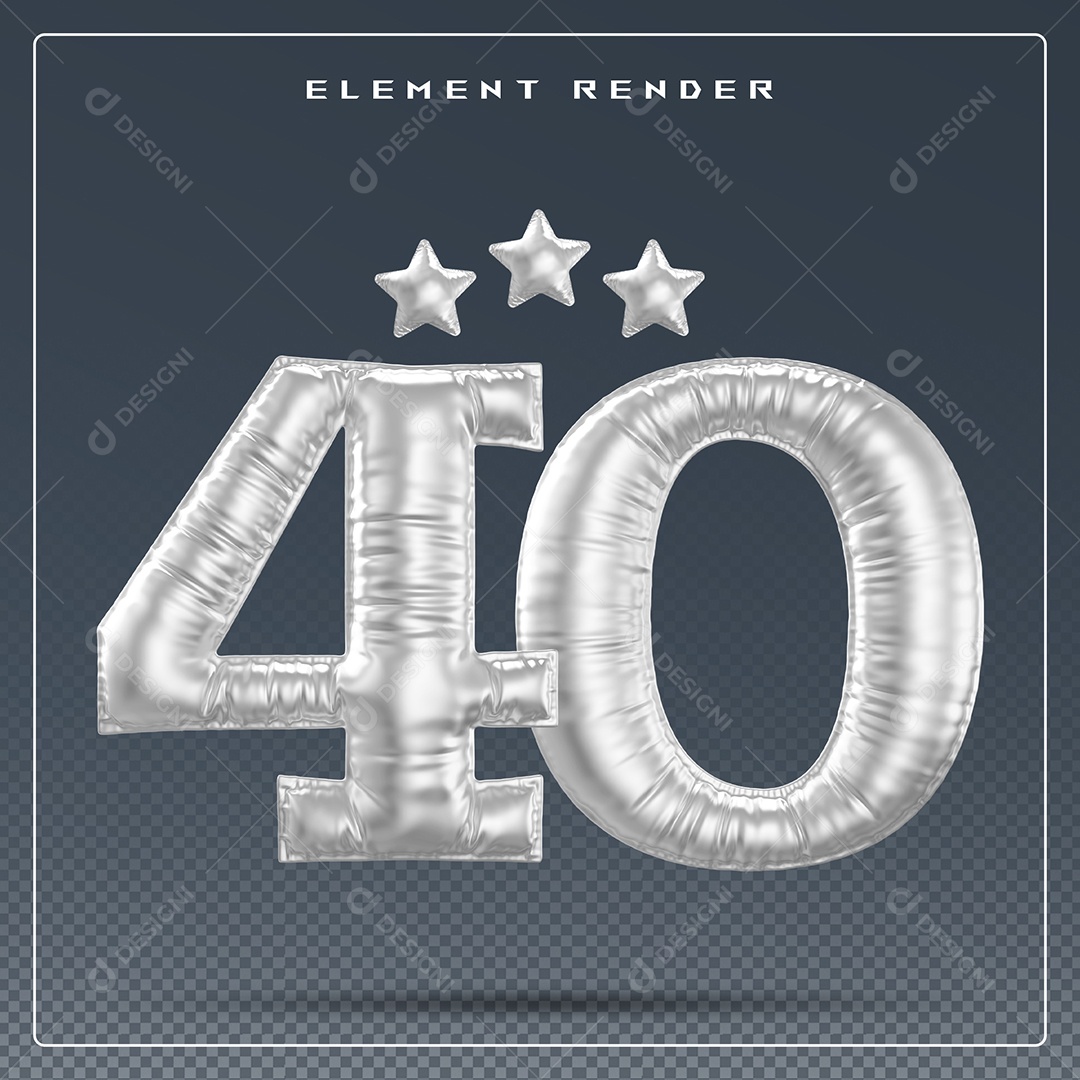 Elemento 3D Número 40 Cinza para Composição PSD