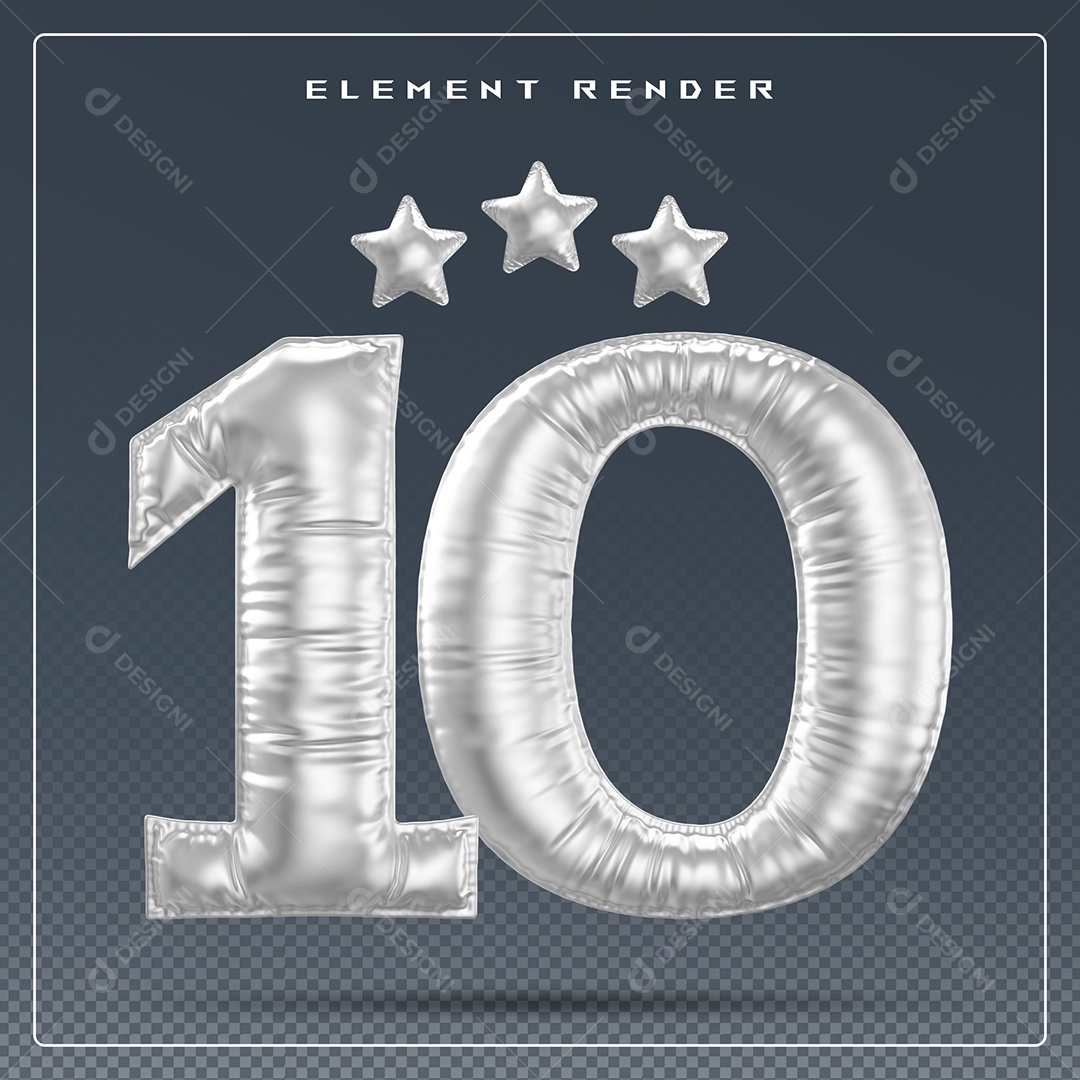 Elemento 3D Número 10 Cinza para Composição PSD