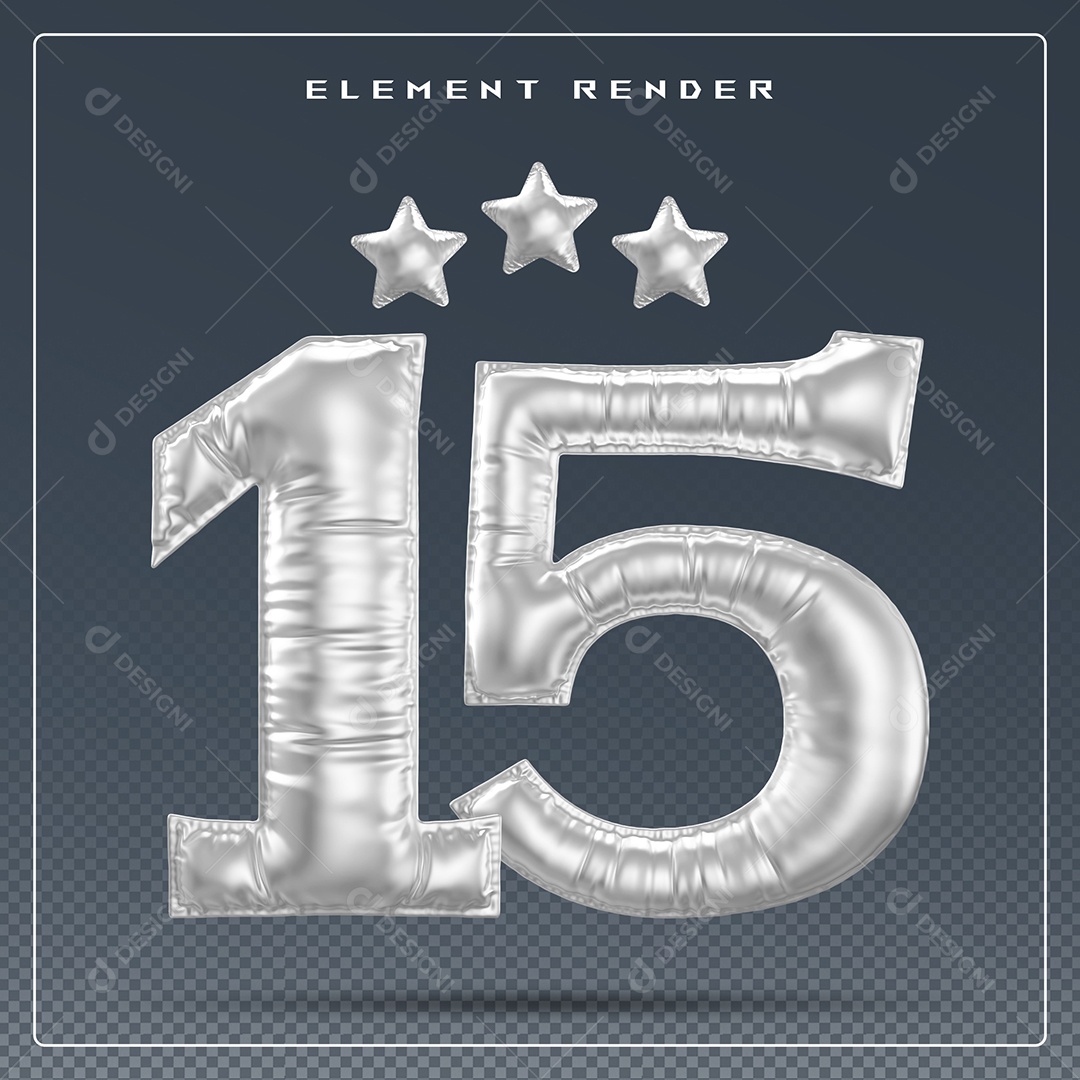 Elemento 3D Número 15 Cinza para Composição PSD
