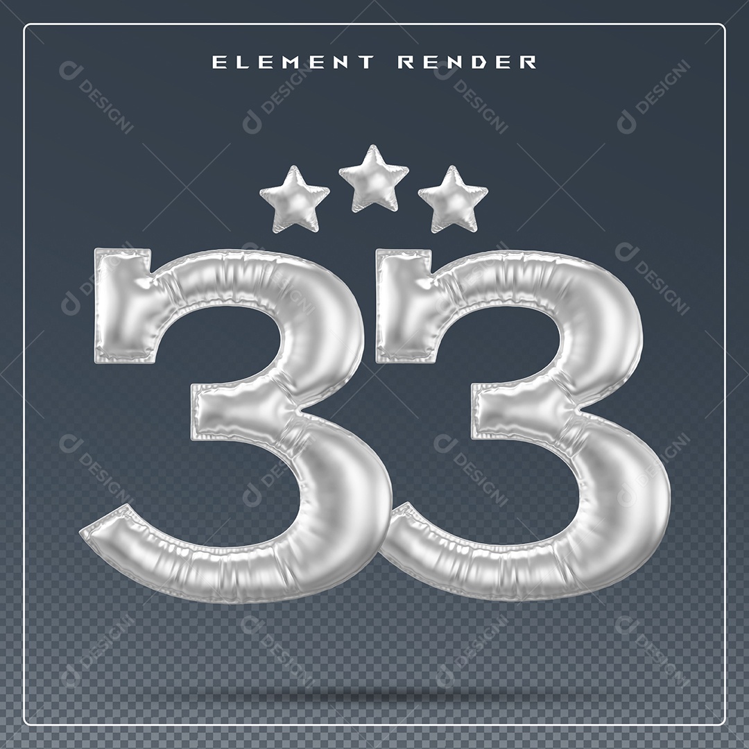 Elemento 3D Número 33 Cinza para Composição PSD